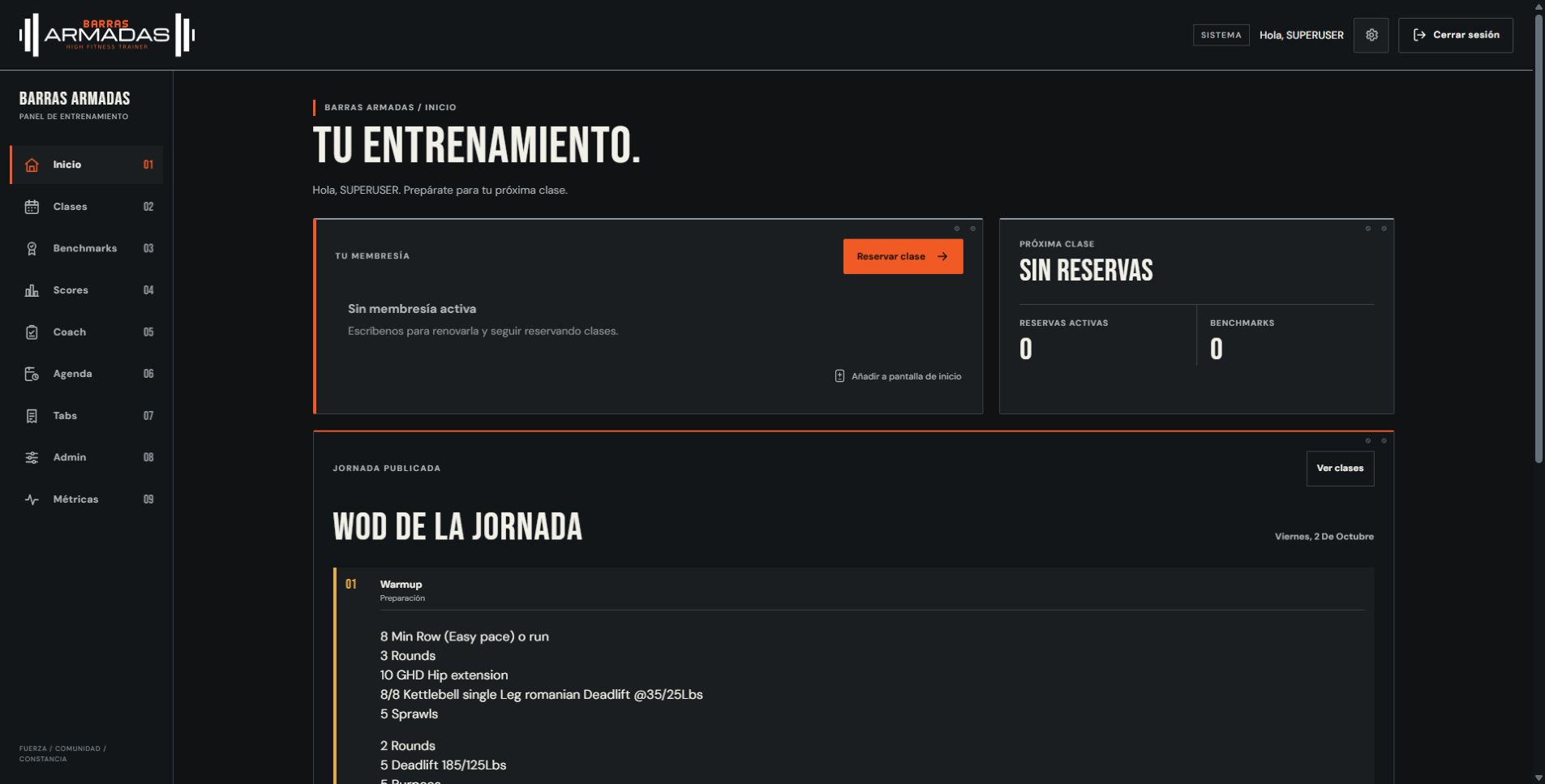 Panel de membresías y entrenamientos de Barras Armadas
